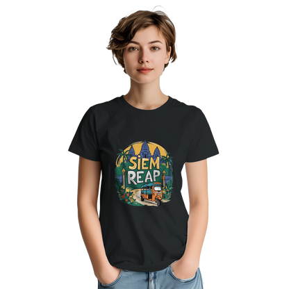 Siem Reap Cambodia Unisex Travel T-Shirt on wooden background with world map, passport, and boarding pass
