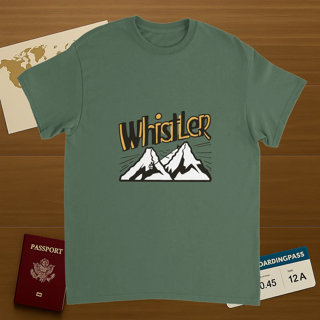 military green Whistler Canada Unisex Travel T-Shirt on wooden background with world map, passport, and boarding pass
