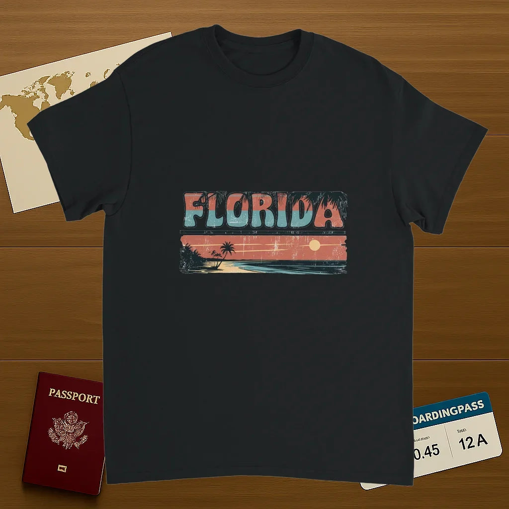 black Florida USA Unisex Travel T-Shirt on wooden background with world map, passport, and boarding pass