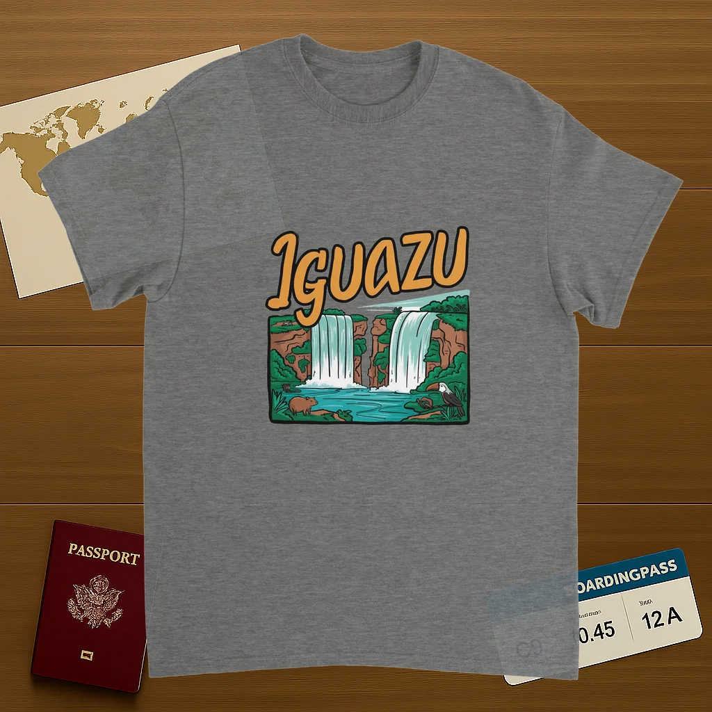 sport grey Iguazu Falls Unisex Travel T-Shirt on wooden background with world map, passport, and boarding pass