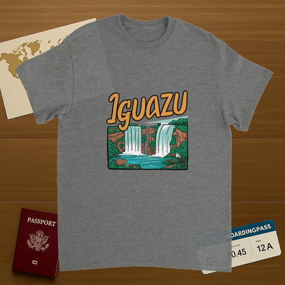 sport grey Iguazu Falls Unisex Travel T-Shirt on wooden background with world map, passport, and boarding pass