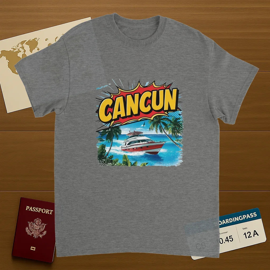 sport grey Cancún Mexico Unisex Travel T-Shirt on wooden background with world map, passport, and boarding pass