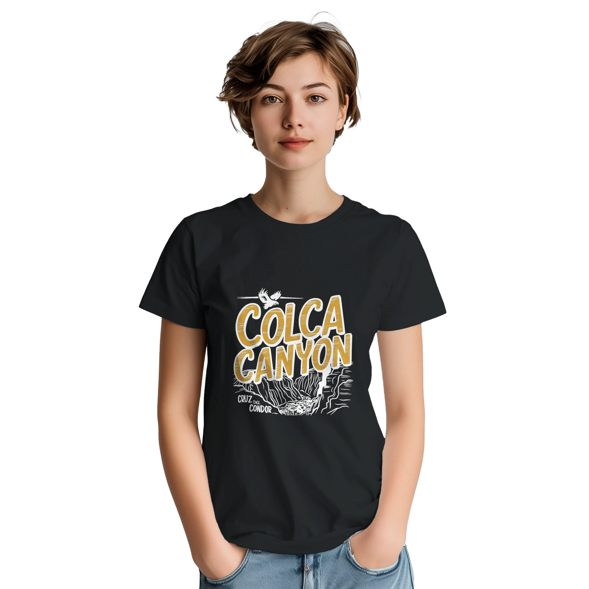 Colca Canyon Peru Unisex Travel T-Shirt on wooden background with world map, passport, and boarding pass