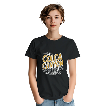 Colca Canyon Peru Unisex Travel T-Shirt on wooden background with world map, passport, and boarding pass