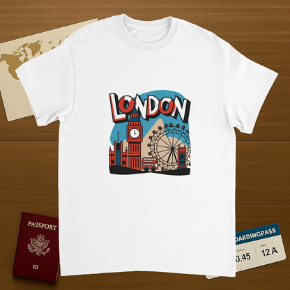 white London England Unisex Travel T-Shirt on wooden background with world map, passport, and boarding pass