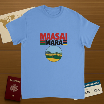 carolina blue Maasai Mara Unisex Travel T-Shirt on wooden background with world map, passport, and boarding pass