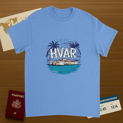 carolina blue Hvar Croatia Unisex Travel T-Shirt on wooden background with world map, passport, and boarding pass