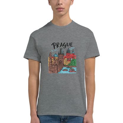 Prague Czechia Unisex Travel T-Shirt on wooden background with world map, passport, and boarding pass