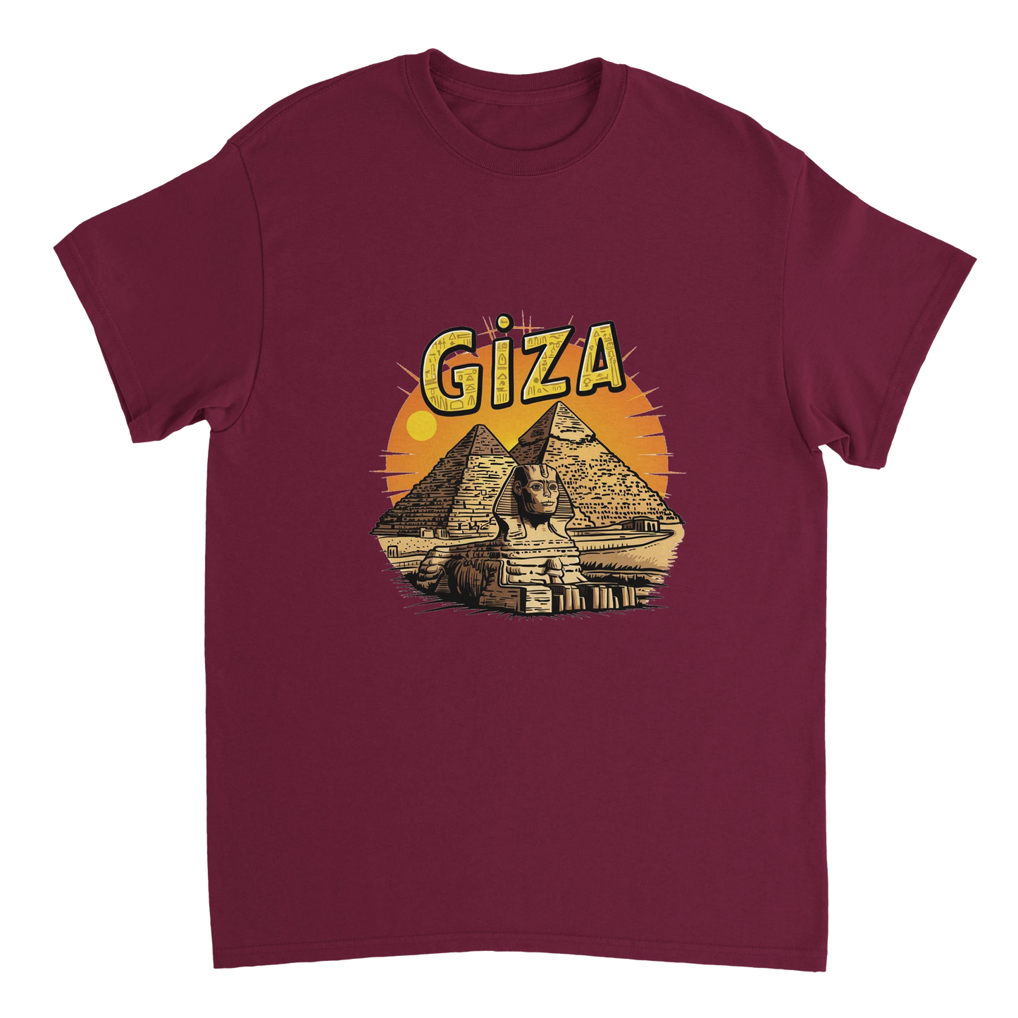 Giza Egypt Unisex Travel T-Shirt on wooden background with world map, passport, and boarding pass