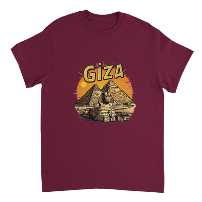 Giza Egypt Unisex Travel T-Shirt on wooden background with world map, passport, and boarding pass
