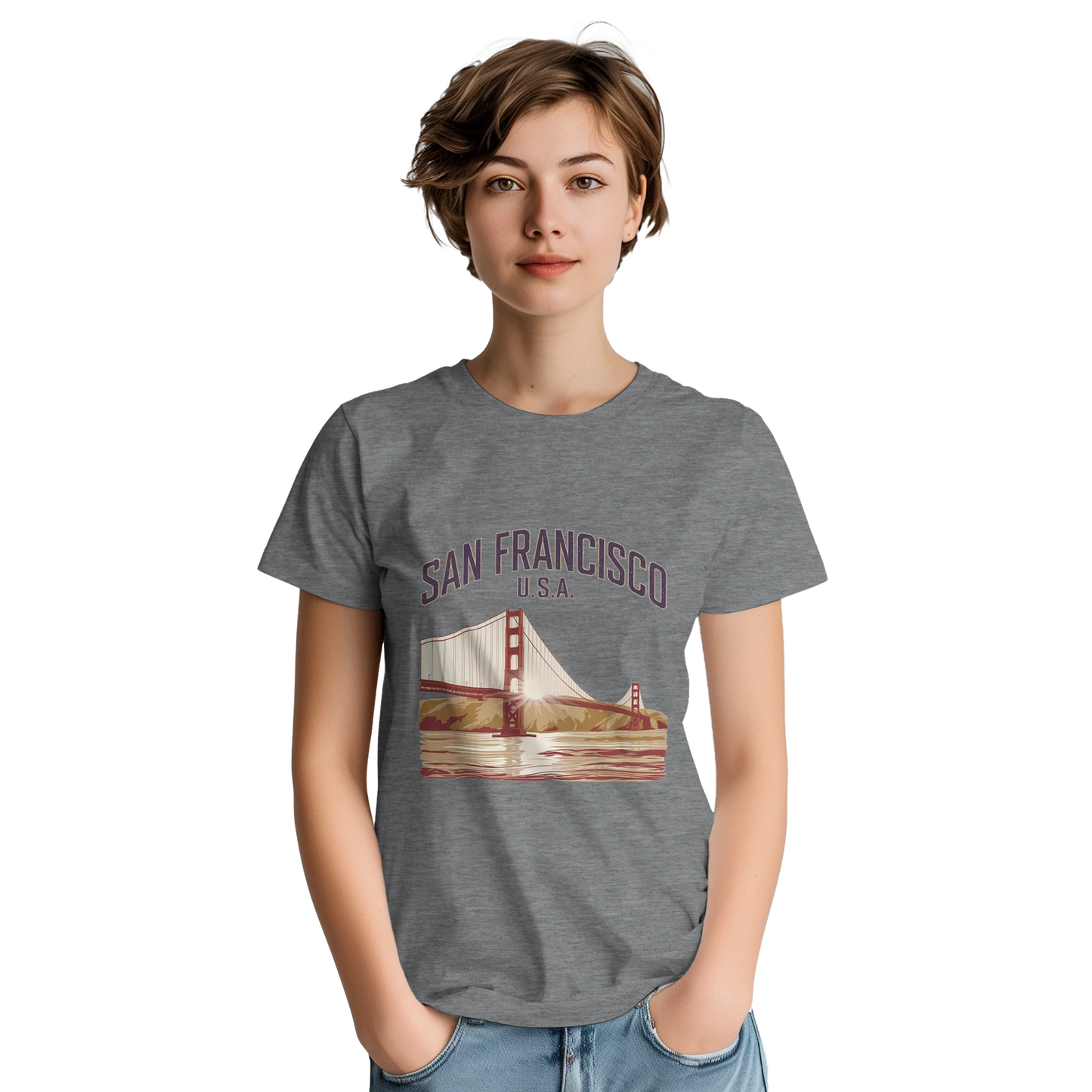 San Francisco USA Unisex Travel T-Shirt on wooden background with world map, passport, and boarding pass