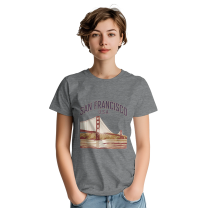 San Francisco USA Unisex Travel T-Shirt on wooden background with world map, passport, and boarding pass