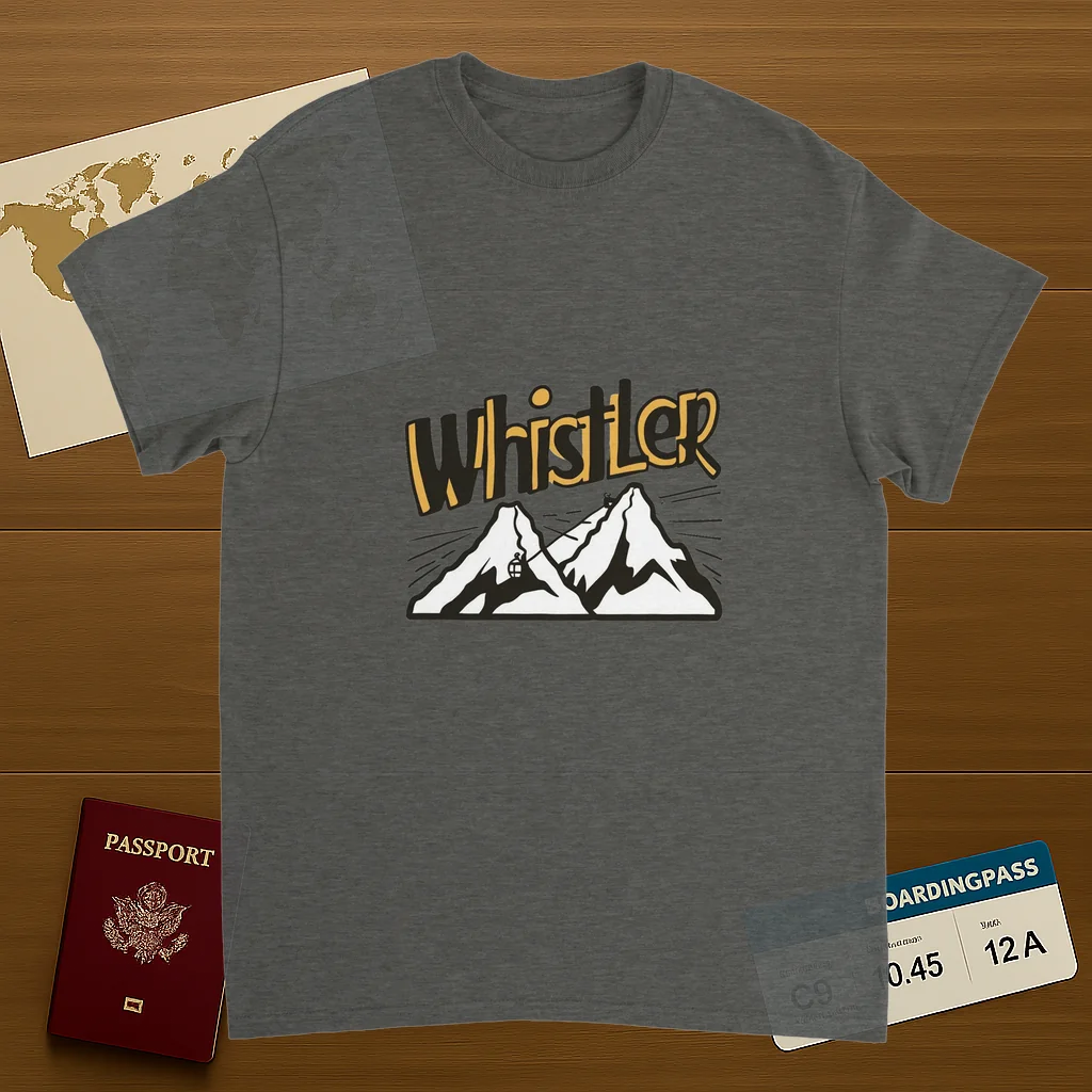 Whistler Canada Unisex Travel T-Shirt on wooden background with world map, passport, and boarding pass