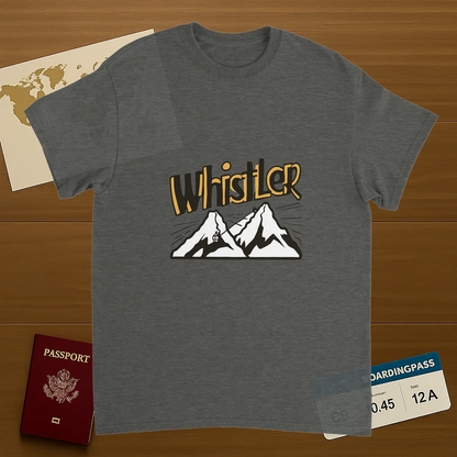 Whistler Canada Unisex Travel T-Shirt on wooden background with world map, passport, and boarding pass