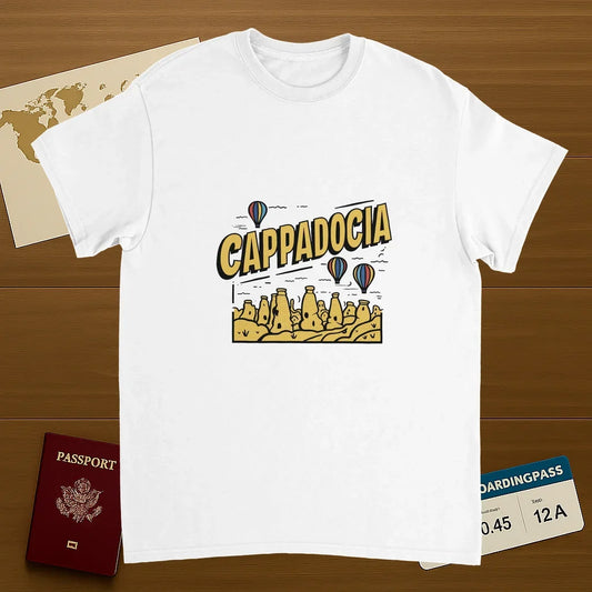 white Cappadocia Turkey Unisex Travel T-Shirt on wooden background with world map, passport, and boarding pass