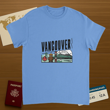 carolina blue Vancouver Canada Unisex Travel T-Shirt on wooden background with world map, passport, and boarding pass
