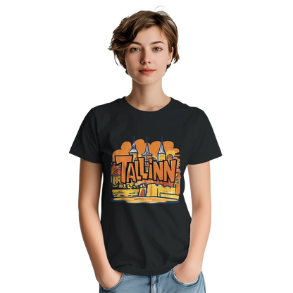 Tallinn Estonia Unisex Travel T-Shirt on wooden background with world map, passport, and boarding pass