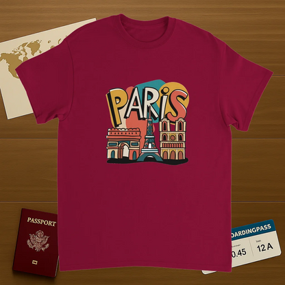 cardinal red Paris France Unisex Travel T-Shirt on wooden background with world map, passport, and boarding pass
