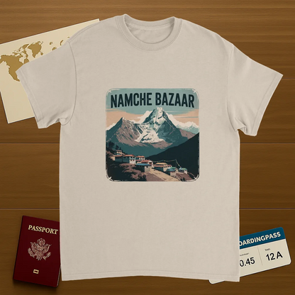Namche Bazaar Nepal Unisex Travel T-Shirt on wooden background with world map, passport, and boarding pass