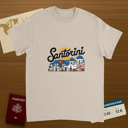 Santorini Greece Unisex Travel T-Shirt on wooden background with world map, passport, and boarding pass
