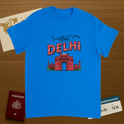 royal blue New Delhi India Unisex Travel T-Shirt on wooden background with world map, passport, and boarding pass