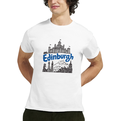 Edinburgh Scotland Unisex Travel T-Shirt on wooden background with world map, passport, and boarding pass