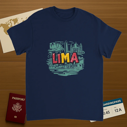 navy Lima Peru Unisex Travel T-Shirt on wooden background with world map, passport, and boarding pass
