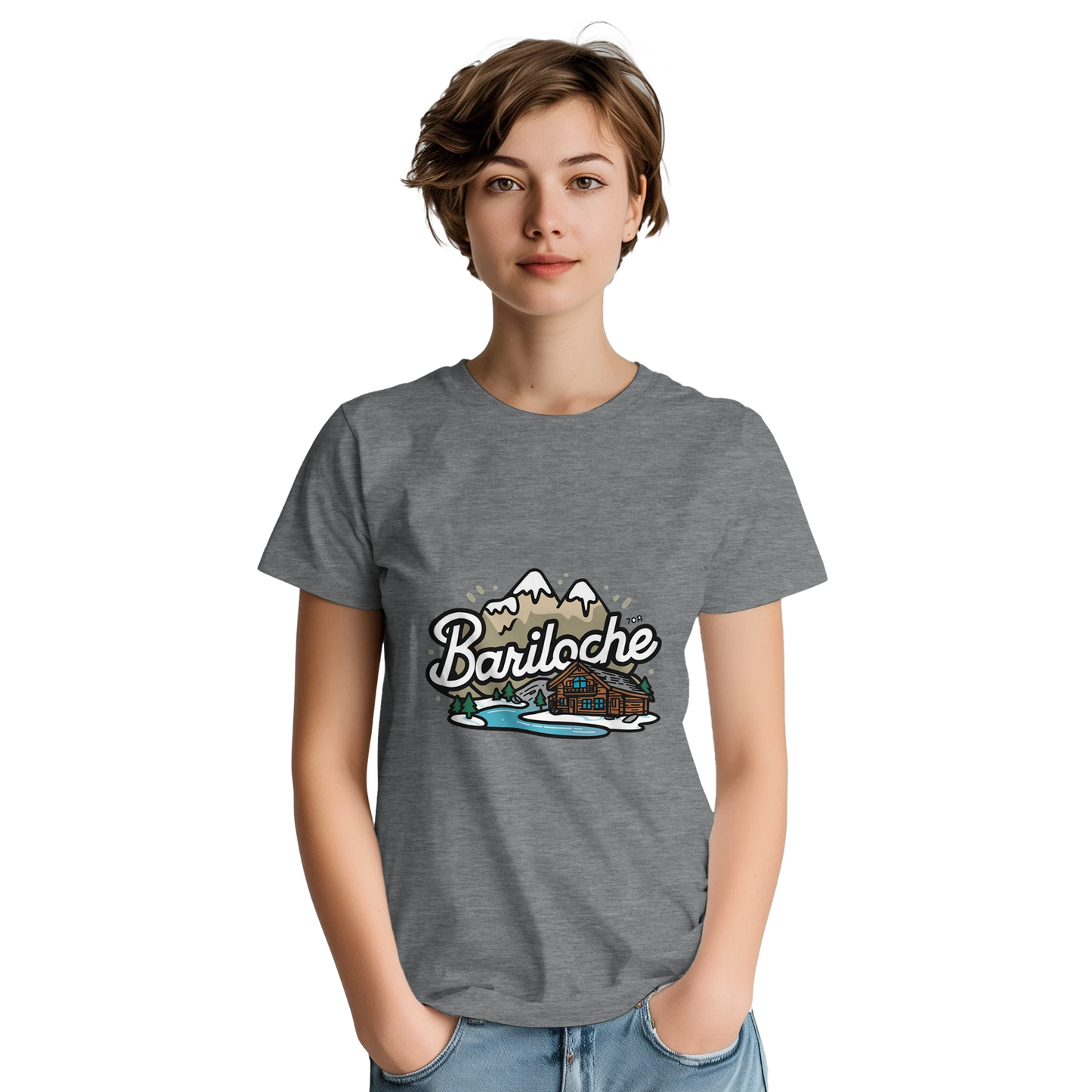 Bariloche Argentina Unisex Travel T-Shirt on wooden background with world map, passport, and boarding pass
