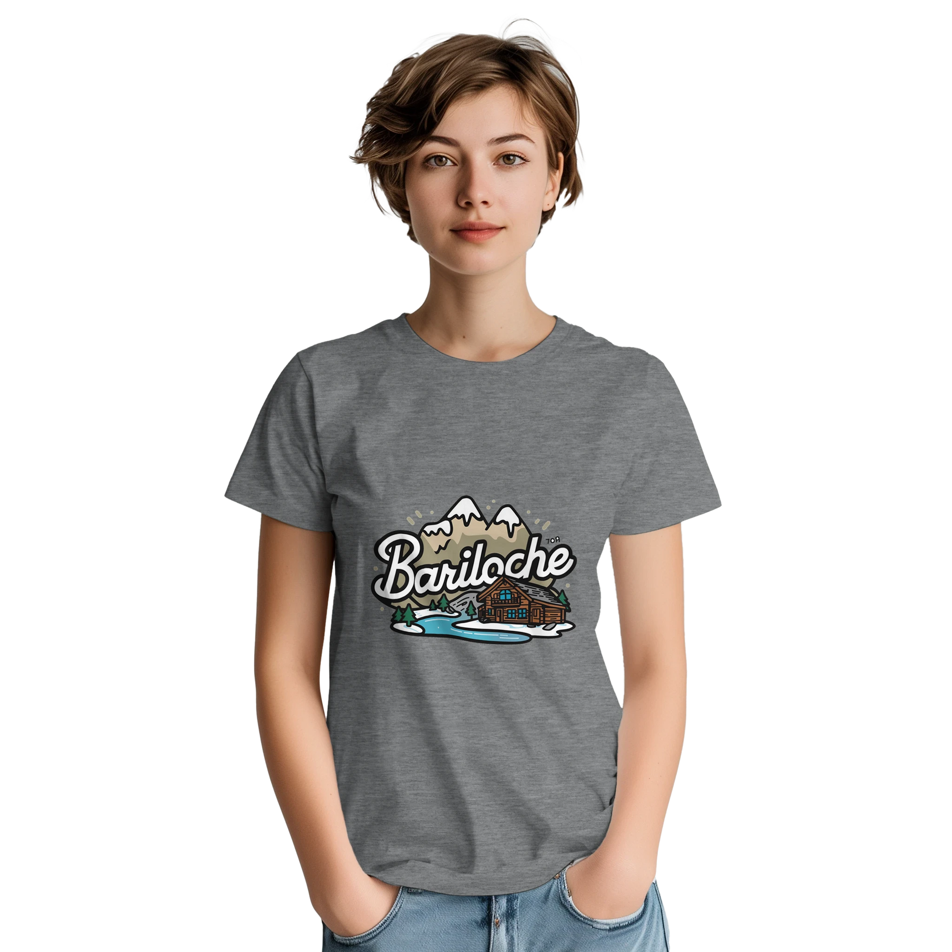 Bariloche Argentina Unisex Travel T-Shirt on wooden background with world map, passport, and boarding pass