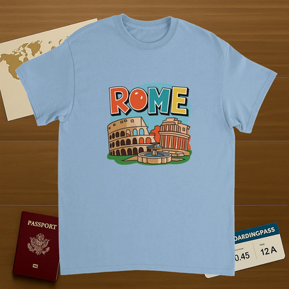 light blue Rome Italy Unisex Travel T-Shirt on wooden background with world map, passport, and boarding pass