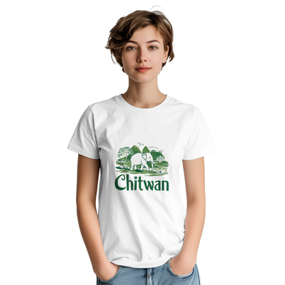 Chitwan Nepal Unisex Travel T-Shirt on wooden background with world map, passport, and boarding pass