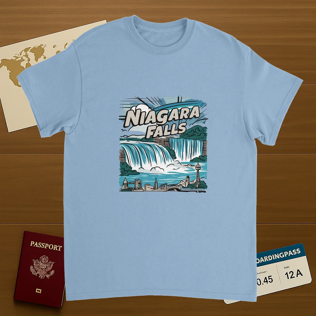 light blue Niagara Falls Unisex Travel T-Shirt on wooden background with world map, passport, and boarding pass