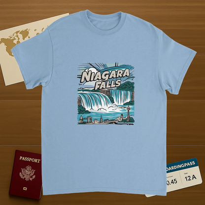 light blue Niagara Falls Unisex Travel T-Shirt on wooden background with world map, passport, and boarding pass