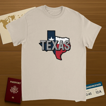 Texas USA Unisex Travel T-Shirt on wooden background with world map, passport, and boarding pass