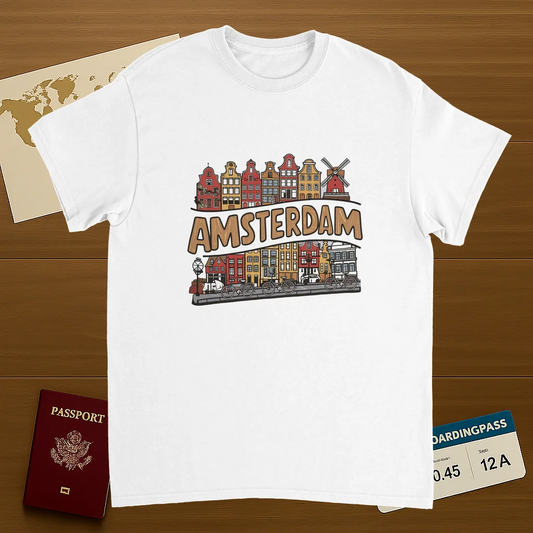 white Amsterdam Netherlands Unisex Travel T-Shirt on wooden background with world map, passport, and boarding pass