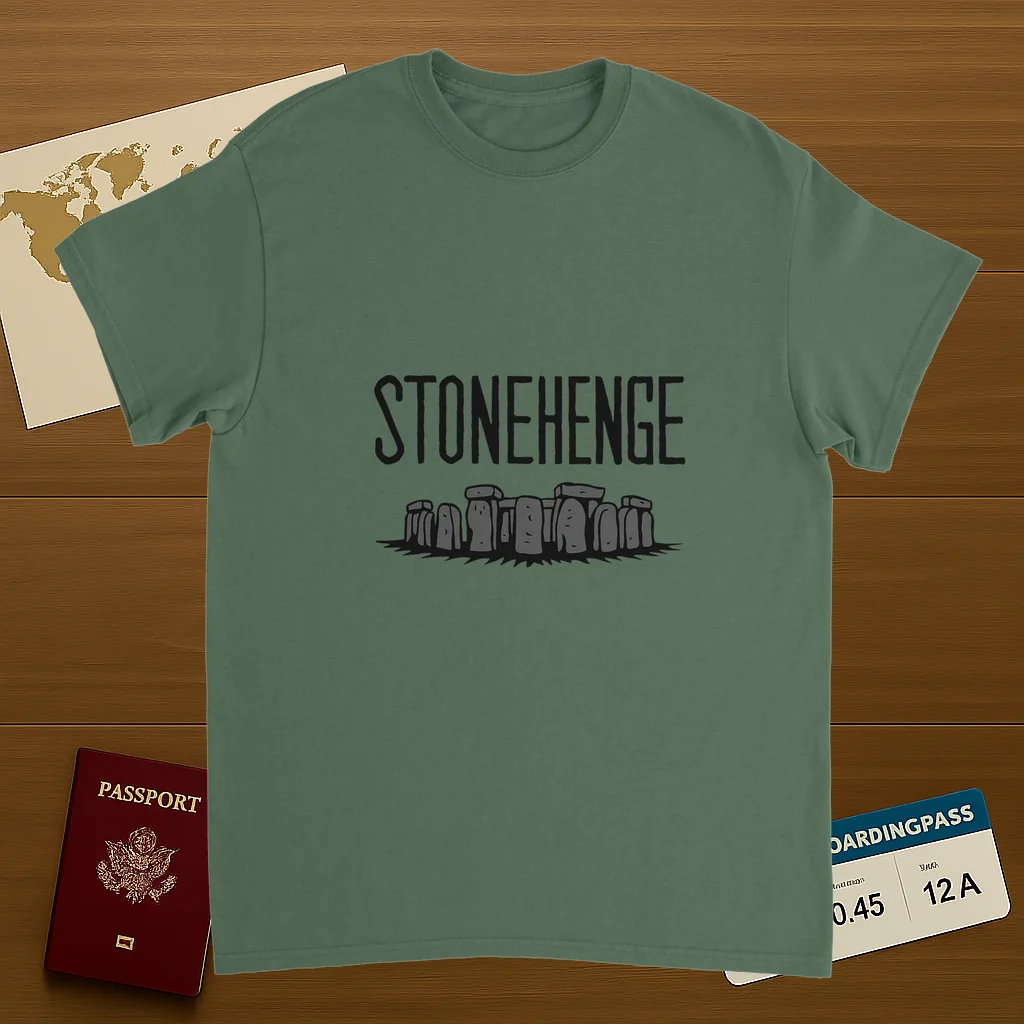 military green Stonehenge England Unisex Travel T-Shirt on wooden background with world map, passport, and boarding pass