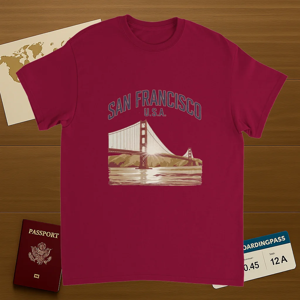 cardinal red San Francisco USA Unisex Travel T-Shirt on wooden background with world map, passport, and boarding pass
