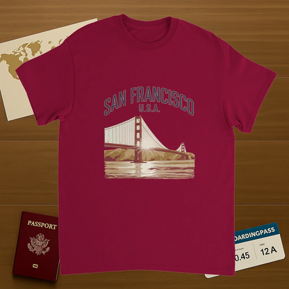 cardinal red San Francisco USA Unisex Travel T-Shirt on wooden background with world map, passport, and boarding pass