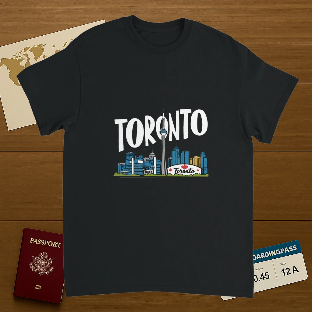 black Toronto Canada Unisex Travel T-Shirt on wooden background with world map, passport, and boarding pass