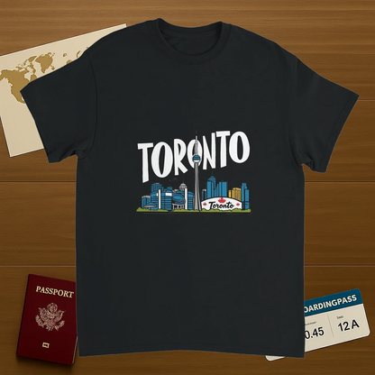black Toronto Canada Unisex Travel T-Shirt on wooden background with world map, passport, and boarding pass