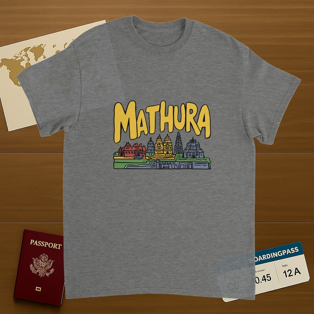 sport grey Mathura India Unisex Travel T-Shirt on wooden background with world map, passport, and boarding pass