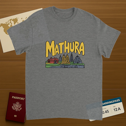 sport grey Mathura India Unisex Travel T-Shirt on wooden background with world map, passport, and boarding pass