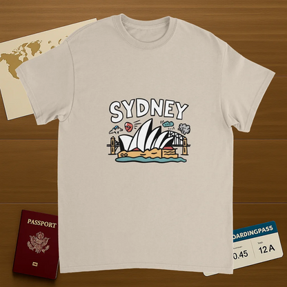 Sydney Australia Unisex Travel T-Shirt on wooden background with world map, passport, and boarding pass