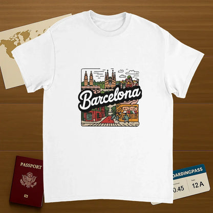 white Barcelona Spain Unisex Travel T-Shirt on wooden background with world map, passport, and boarding pass