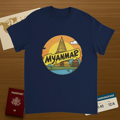 navy Myanmar Unisex Travel T-Shirt on wooden background with world map, passport, and boarding pass