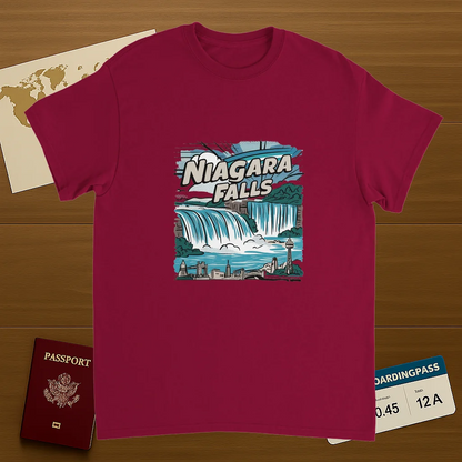 cardinal red Niagara Falls Unisex Travel T-Shirt on wooden background with world map, passport, and boarding pass