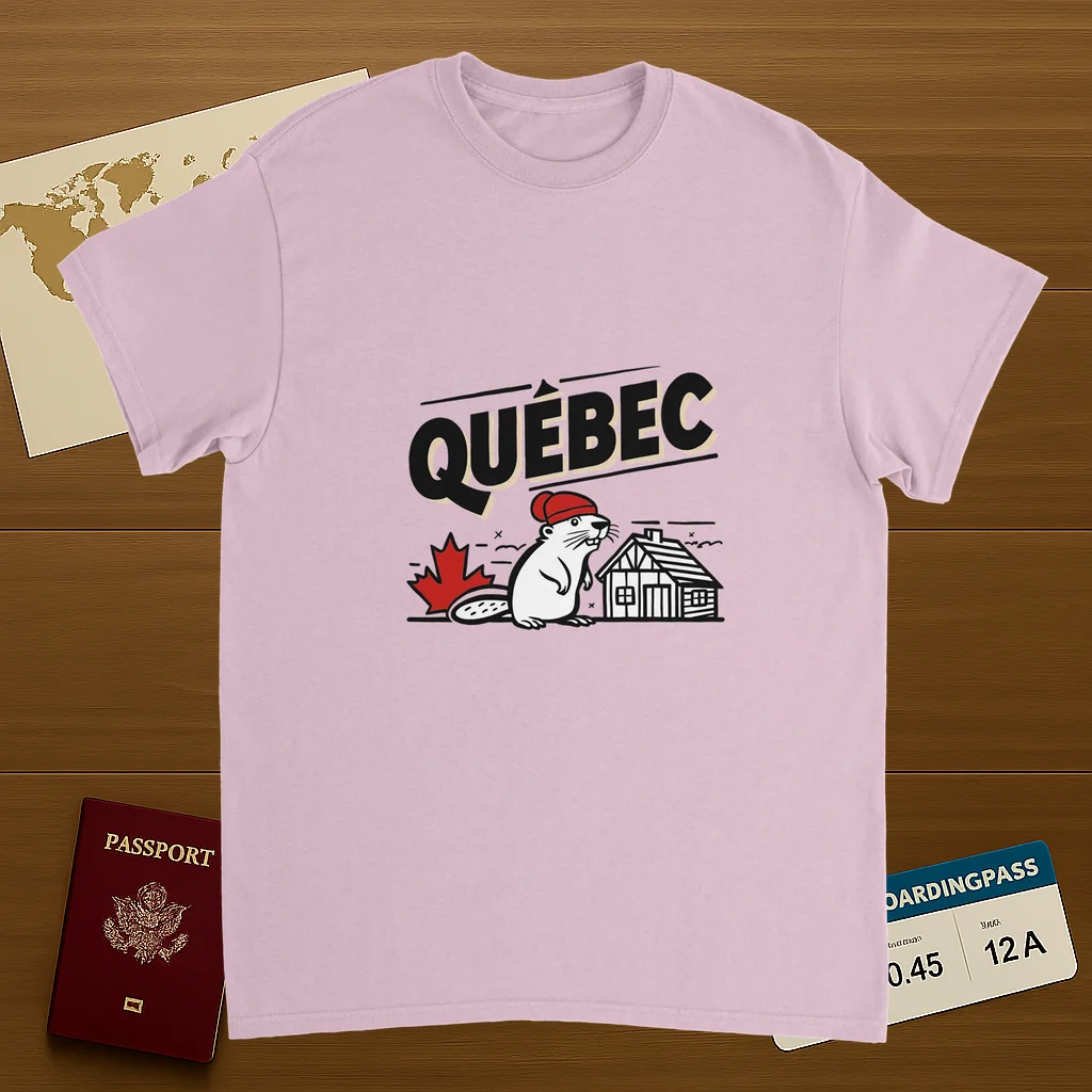 light pink Quebec Canada Unisex Travel T-Shirt on wooden background with world map, passport, and boarding pass