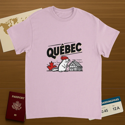 light pink Quebec Canada Unisex Travel T-Shirt on wooden background with world map, passport, and boarding pass