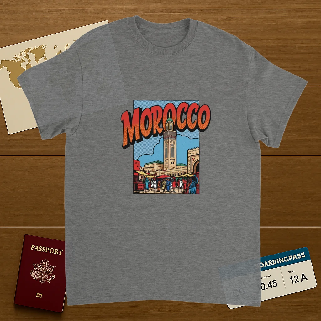 sport grey Morocco Unisex Travel T-Shirt on wooden background with world map, passport, and boarding pass