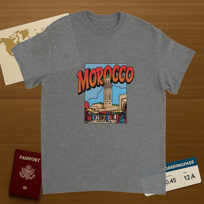 sport grey Morocco Unisex Travel T-Shirt on wooden background with world map, passport, and boarding pass